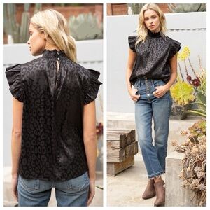 VOY Black Leopard Print Satin-Like Ruffle High Neck Blouse NWT